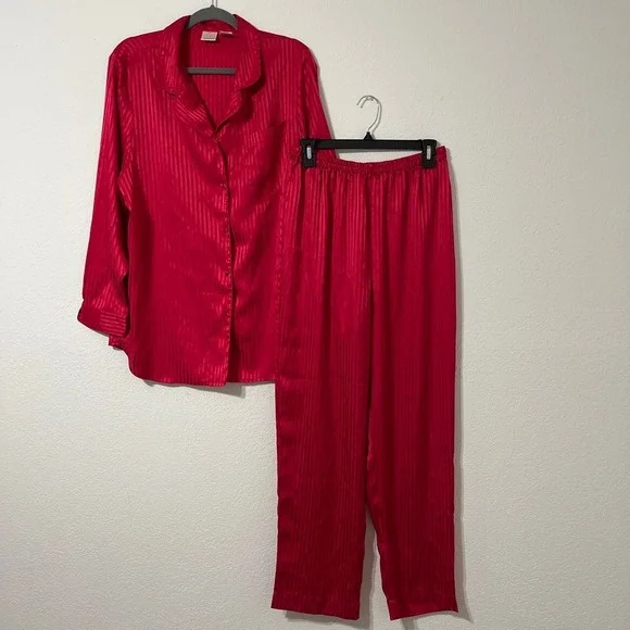 Sophia By Delicates Red Satin Pajama Set Large Striped Lounge Sleepwear VTG