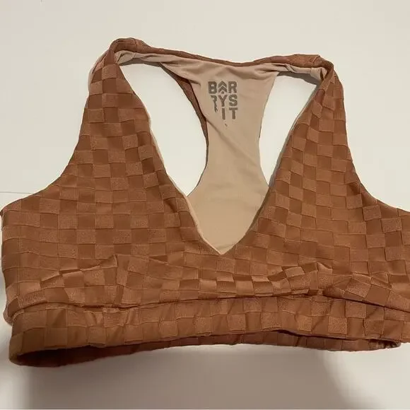 Barry's Fit Brand Women's Size Small Tan Checkered Print V Neck Sports Bra