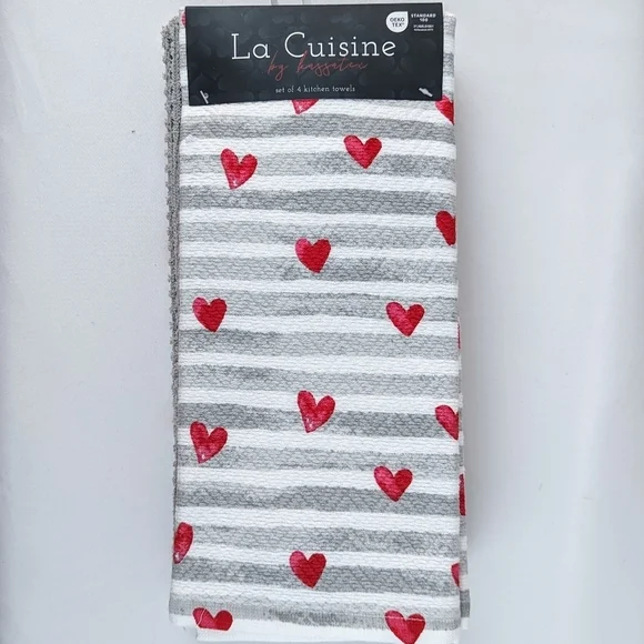 Kitchen Towel Set Of Four (4) Hearts & Stripes  On White (2) Solid Grey NWT
