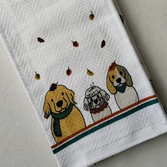 Dog Print Fall Autumn Leaves Theme Kitchen Towel Set Of Two White Multi NWT
