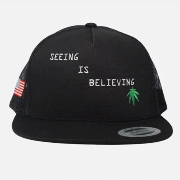 Yupoong Seeing Is Believing Black Trucker Hat Snapback American Flag Leaf Cap