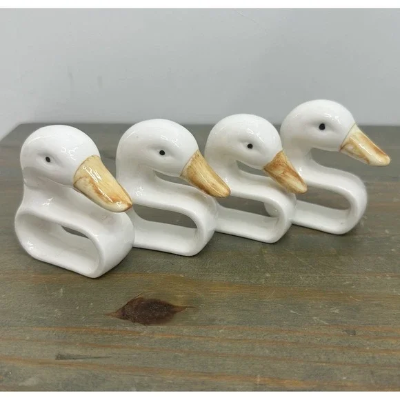 Set Of 4 Ceramic White Duck Napkin Ring Holders Handmade Hand Painted 2.5