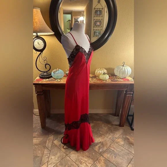 Vintage Red Maxi Slip with Black Lace