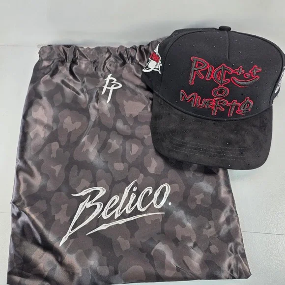 Belico Hats Rico Muerto Black Red Rhinestone Snapback‎ Hat with Dust Bag