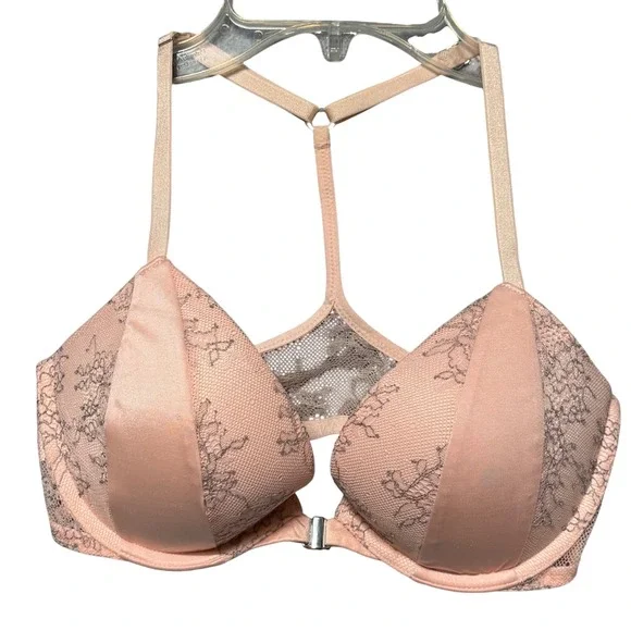 Victorias Secret Very Sexy Push-Up Bra 32D Peach  Lace Satin T-Back Racerback