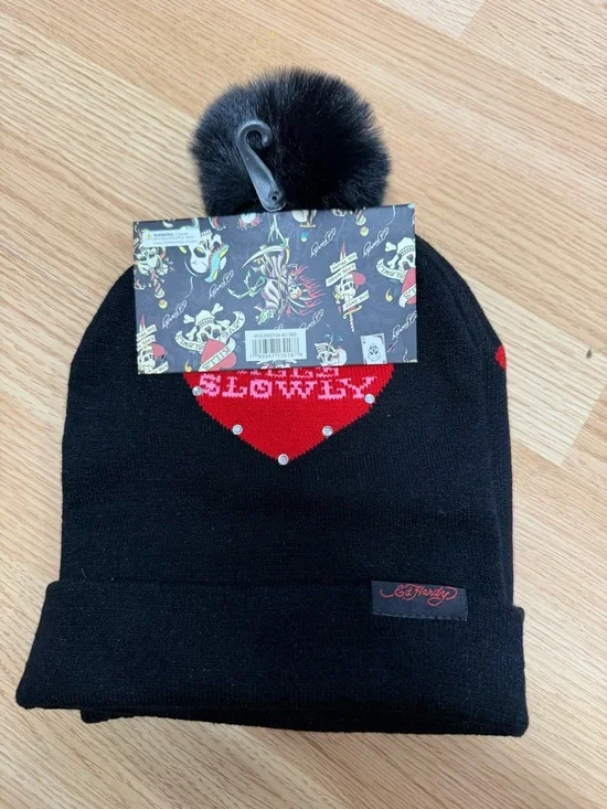 Ed Hardy Beanie Set 2 Black Drip Pom + Love Kills Slowly Hat NWT