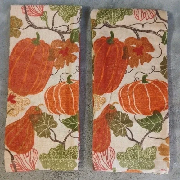 Fall‎ Kitchen Dish Towels 2 Pc Autumn Pumpkin Squash Vines 100% Cotton 26