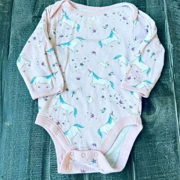 Old Navy Baby Pink Unicorn Print Long Sleeve Onesie 3-6 Mo