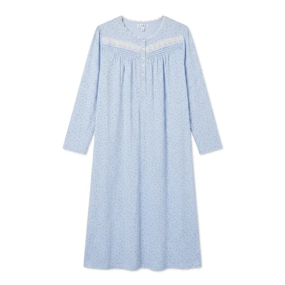 Eileen West NWOT Blue Polka Dot Lace Trim Long Sleeve Nightgown XXL 22/24 Mom