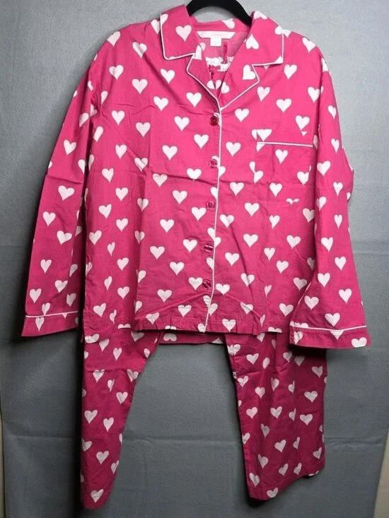 Victoria's Secret Vintage  Pajama Set Pink w White Hearts Medium Long Sleeve