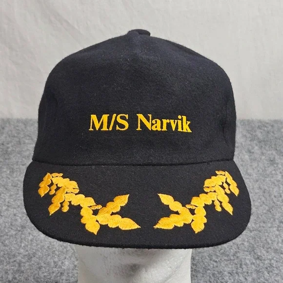 Vintage 80s MS Narvik Maritime Ship‎ Hat Black Wool Gold Captain Embroidery