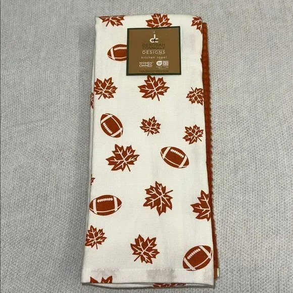 DC White Rust Caramel Brown Cotton Blend Fall Leaf Football Print Kitchen Towels