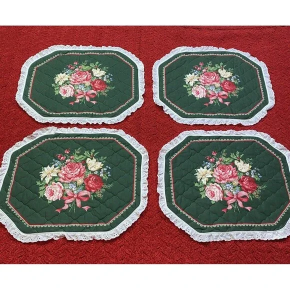 Vintage Christmas Quilted Placemats Roses Eyelet Lace  CottageCore Set Of  4