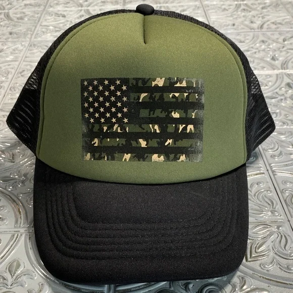 Camo American Flag Trucker Hat Green & Black