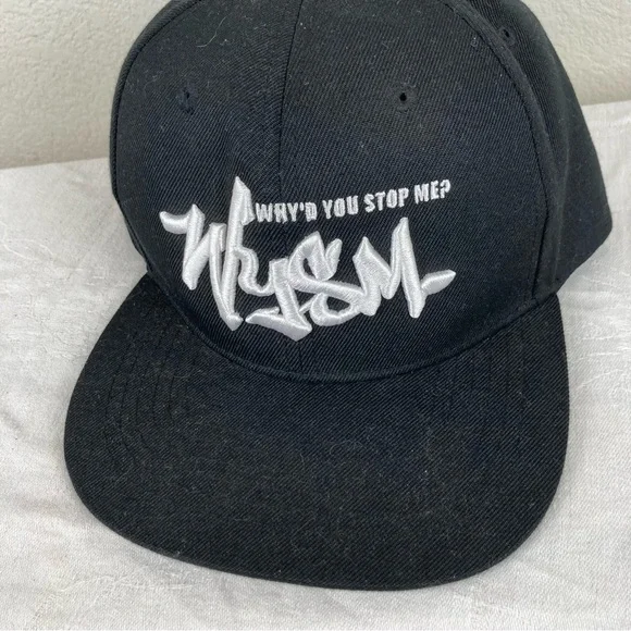 WYSM or Why’d you Stop Me adult size snap back cap black w/ white stitching