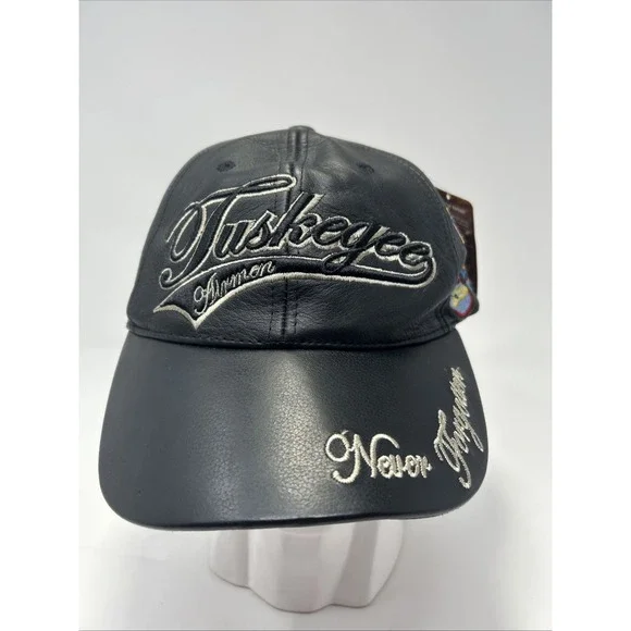VTG Tuskegee Airman Leather Baseball Cap‎ Hat Black Never Forgotten 1941 Patches