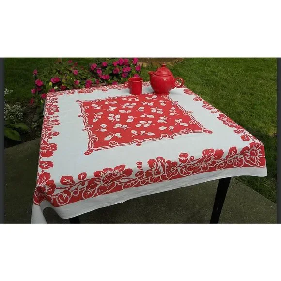 Vintage Springmaid Red and White Flowered Tablecloth See Details