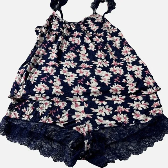Jessica Simpson Womens Navy Blue Floral Lace Trim Pajama Set Camisole Shorts M