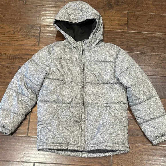 Old Navy‎ Boys Gray Marled Speckled Hooded Puffer Jacket Size L (10-12)