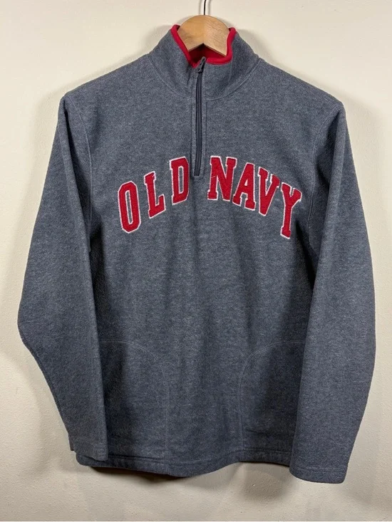 Vintage Old Navy Y2K Quarter-Zip Spell Out Fleece Grey & Red Sweater