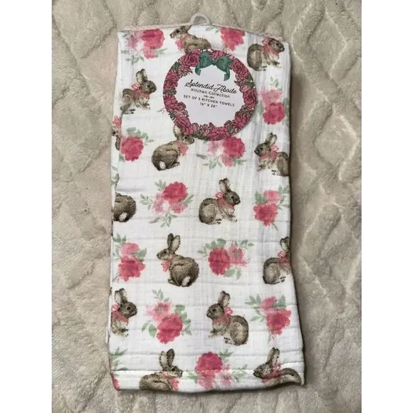 SA Easter Bunny Floral White Pink Muslin Cotton Tea Kitchen Towels Set of 3