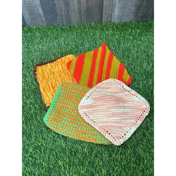 Vintage 70s Knit Pot Holders Doilies Set Lot 4 Retro Handmade Boho