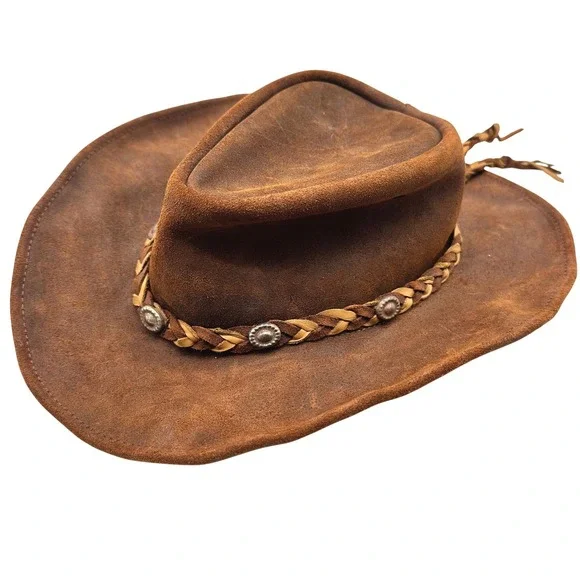 Vintage Brown Suede Leather Cowboy Hat Braided Band Concho Western Mexico Hat L
