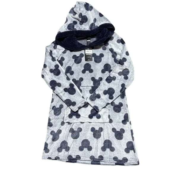 New‎ Disney Mickey Mouse Women Gray Navy Fleece Sleep Hoodie Nightgown Size M