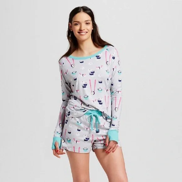 munki munki Women’s Sushi Print Novelty L/S Top and Shorts Pajama Set Size Large