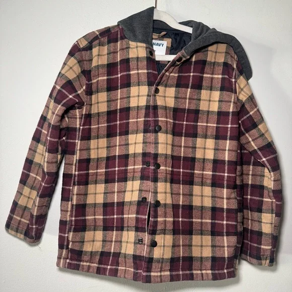 Old Navy Kids Flannel Jacket with Hood Red Tan Plaid Size M‎ 8