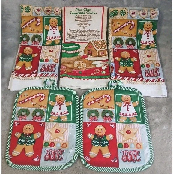 Christmas Gingerbread Kitchen Dish Towels Hots Pads Candy Cane Cookies Recipe‎