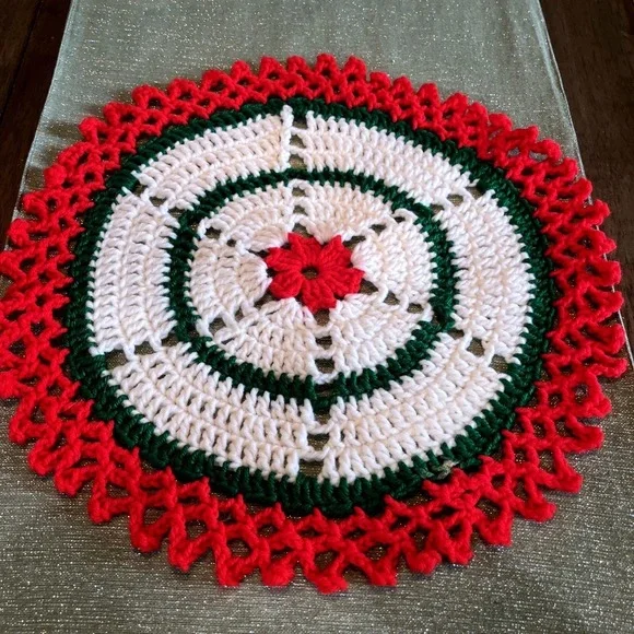 VTG Handmade Crochet Christmas Doily Flower Potholder Red Green White 16inch