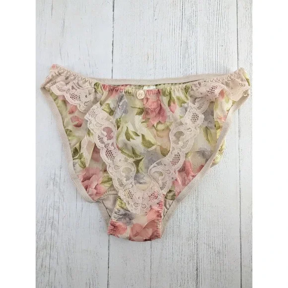 Vintage Victorias Secret Gold Label Floral Lace undies Pink Green Small S/5