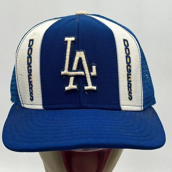 Vtg AJD Lucky Stripes Los Angeles Dodgers Trucker Hat Blue White Snapback‎ USA
