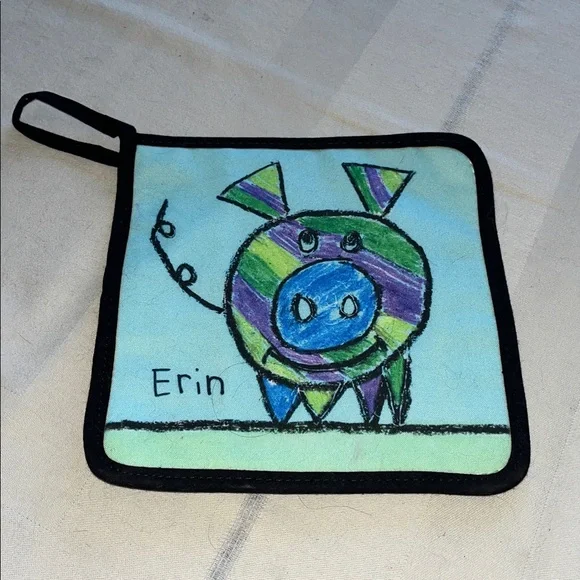 Decorative Pot Holder Featuring A Child’s Drawing Of A Pig And Name “Erin”