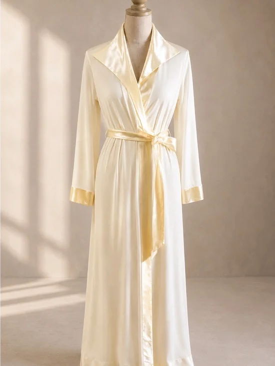 Vintage Ivory Satin Trim Long Robe Womens M Loungewear Elegant Feminine Bridal