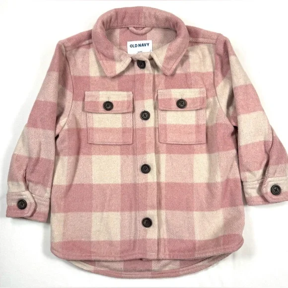 OLD NAVY Girls Plaid Fleece Shacket XS Cozy‎ Pink Check Button Up