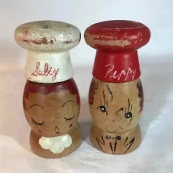 Vintage Salty And Peppy Wooden‎ Salt And Pepper Shakers 5” Tall
