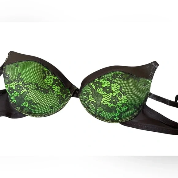 34A push-up bra green with black grey lace, adjusts straps and clasps