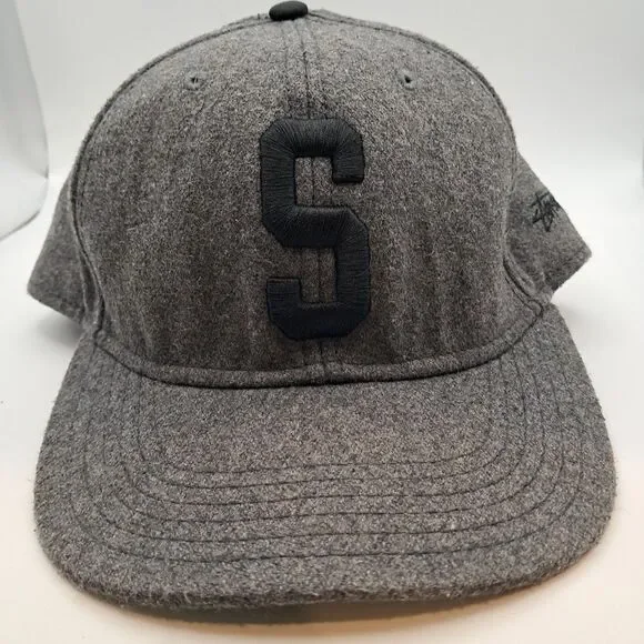 Vintage Stussy Wool Adjustable Snapback Hat Cap Gray 90s Streetwear Logo