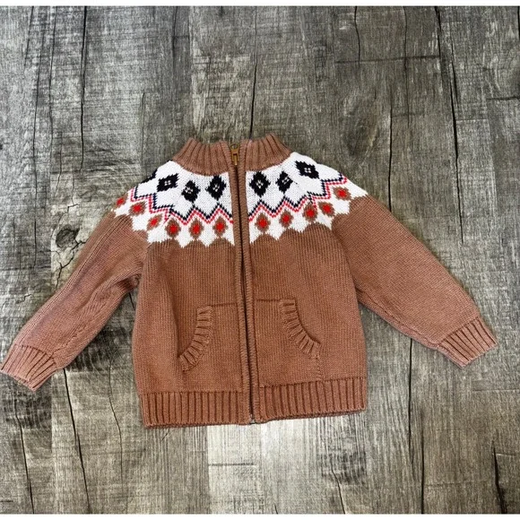 Old Navy Toddler Fair Isle Zip Up Cardigan Sweater Brown 18-24 Months Cotton