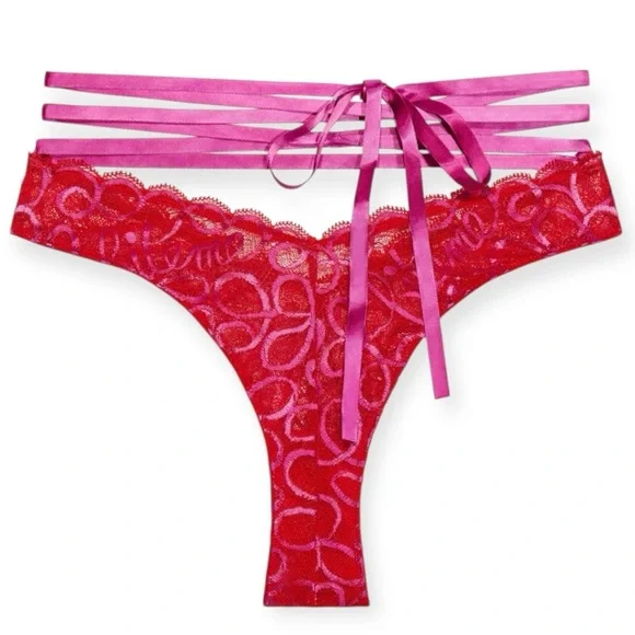 Savage Fenty Ribbon Writing Lace Brazilian Panty Underwear Lingerie Large New