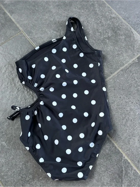 Old Navy Black and White Polka Dot Kids One-Shoulder Swimsuit Size S 6-7