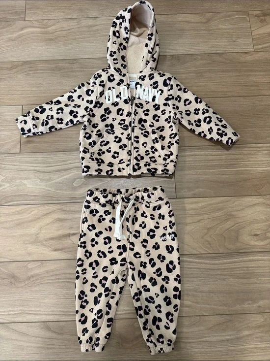 Old Navy Beige and Black Leopard Zip Hoodie & Joggers Set