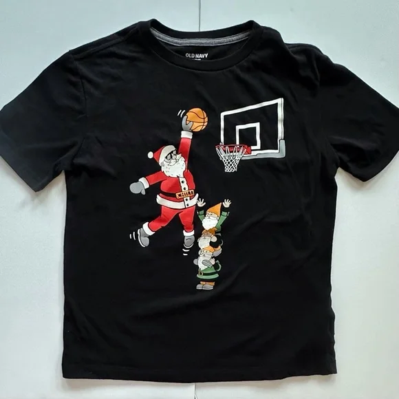 Old Navy black short sleeve shirt w/ Santa basketball graphic print boys L 10-12