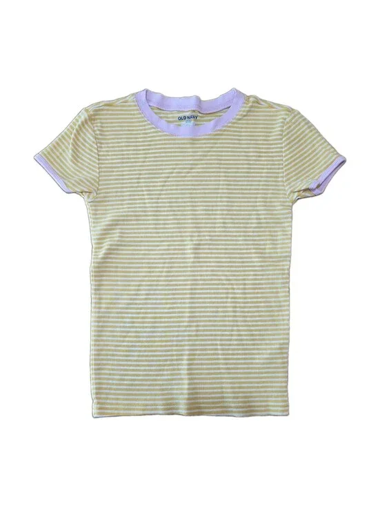 Old Navy Kids Unisex XL 12 Yellow White Striped Ringer T-Shirt Pink Trim Tee