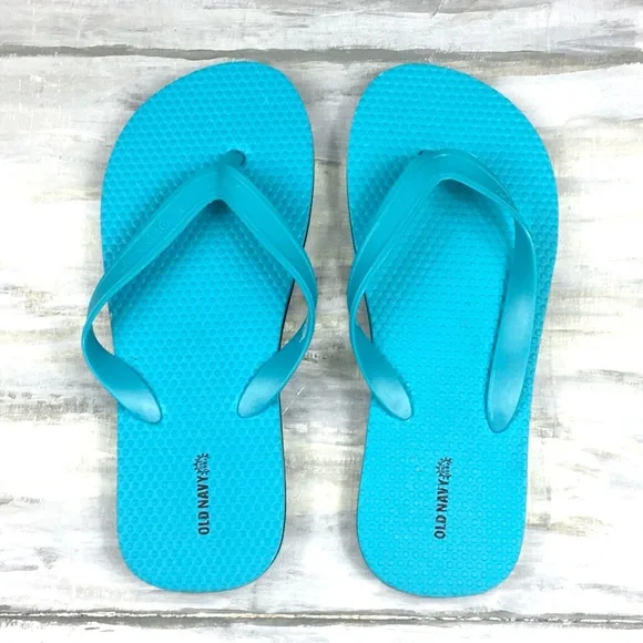 MWOT Old Navy Flip Flops Textured Vinyl Thong Sandals Aqua Teal Blue Black 3/4 Y
