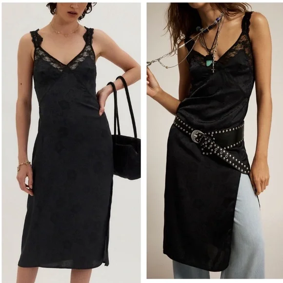 FREE PEOPLE TELL ME WHY MIDI SLIP DRESS BLACK SATIN LARGE