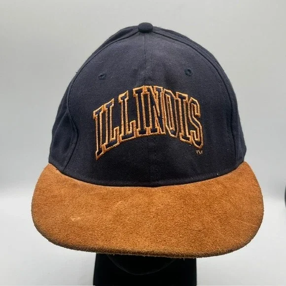 Vintage Illinois Fighting Illini Snapback Hat Navy Brown Suede Brim Made in USA