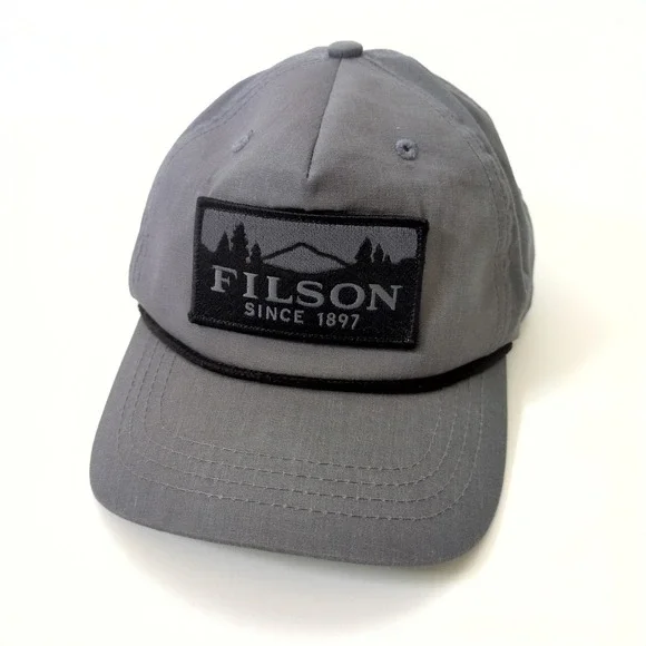 Filson Logger Mesh Snapback Hat Gray Mountain Patch Rope Cap Gorpcore Outdoor